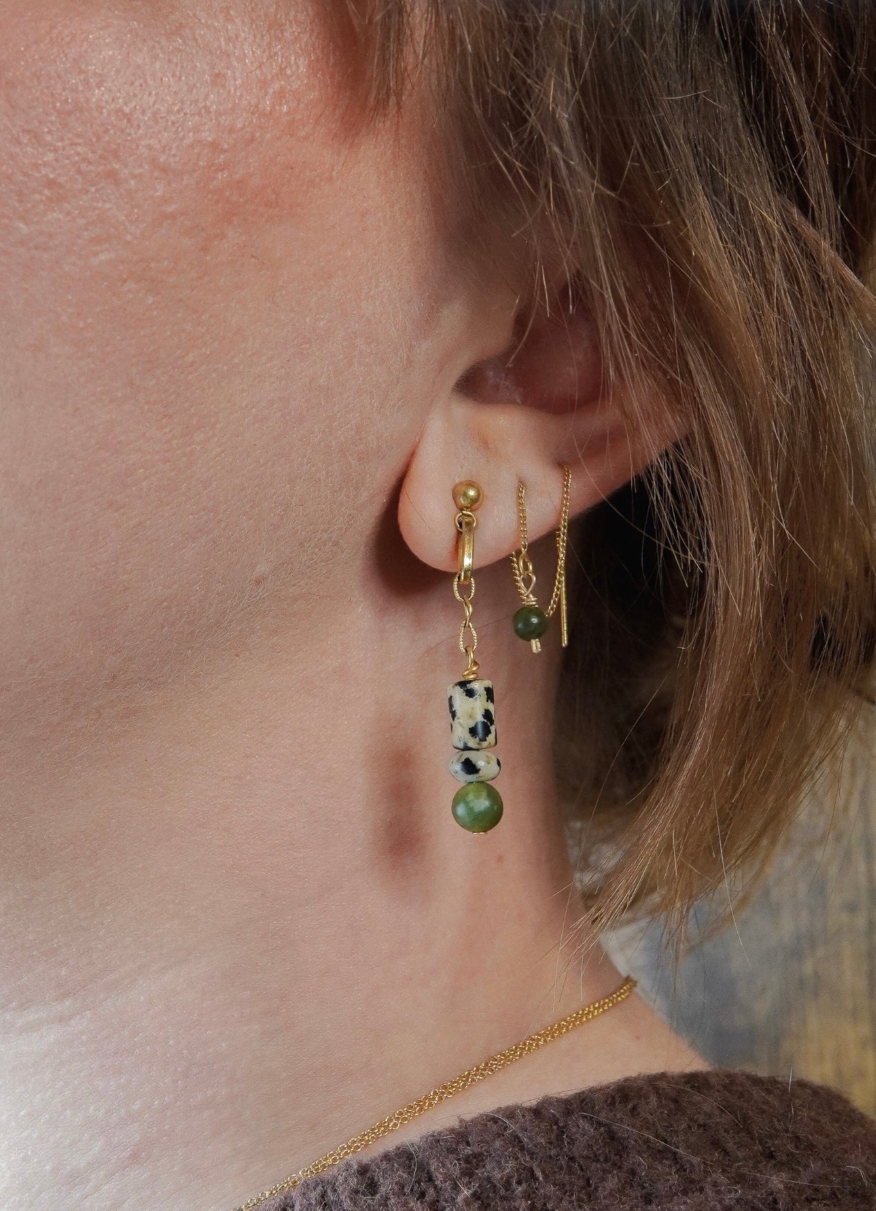 14k Gold Earrings Jasper and Jade Gemstone