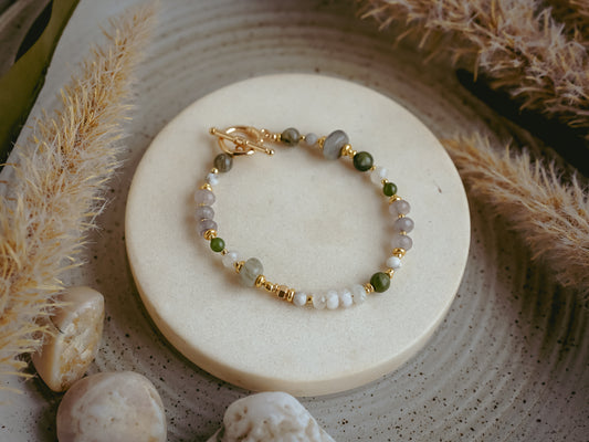 Moonstone Jade Agate Gemstone Bracelet Gold Accents