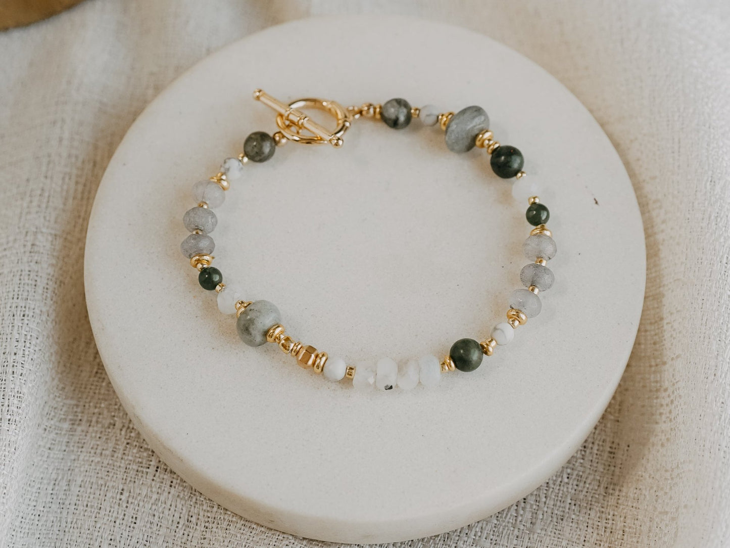 Moonstone Jade Agate Gemstone Bracelet Gold Accents