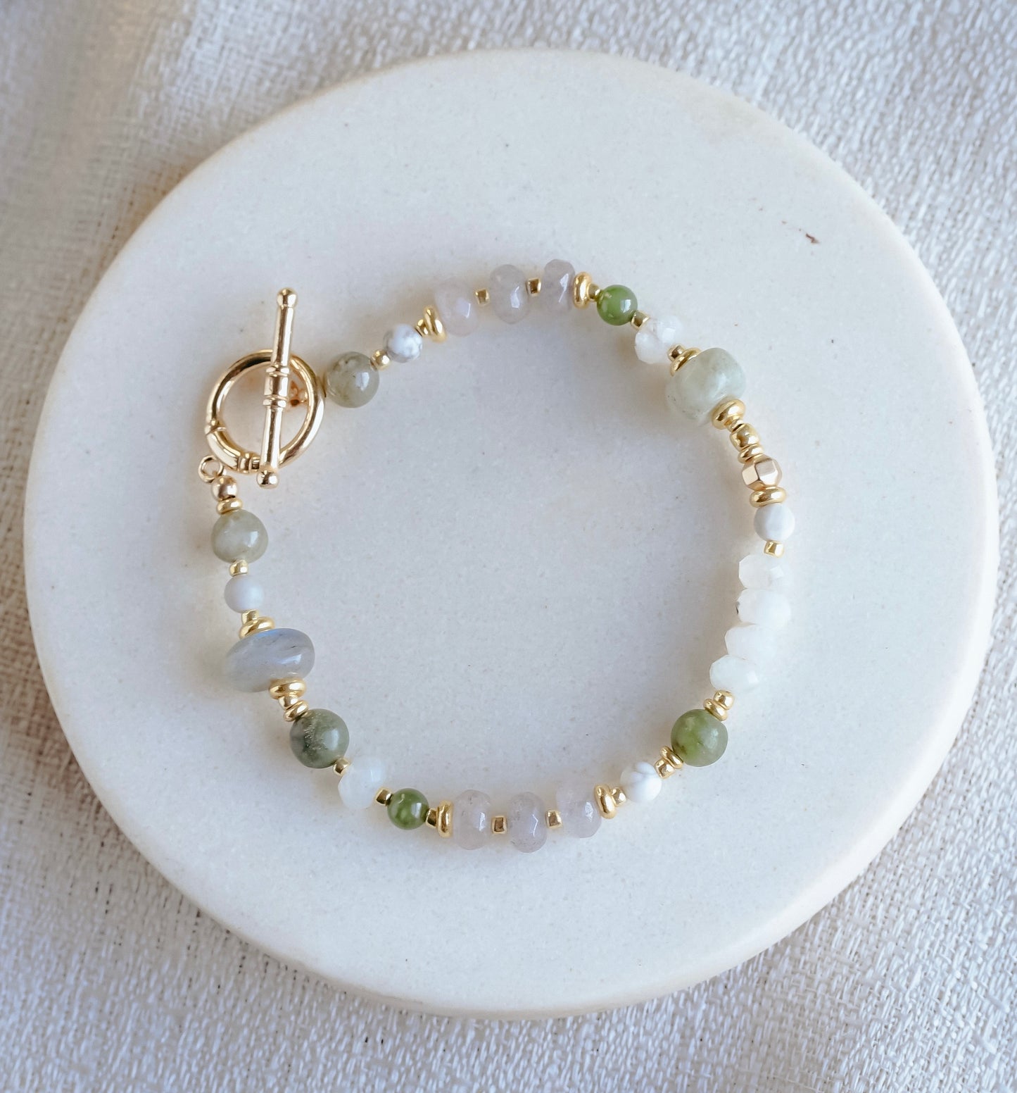 Moonstone Jade Agate Gemstone Bracelet Gold Accents